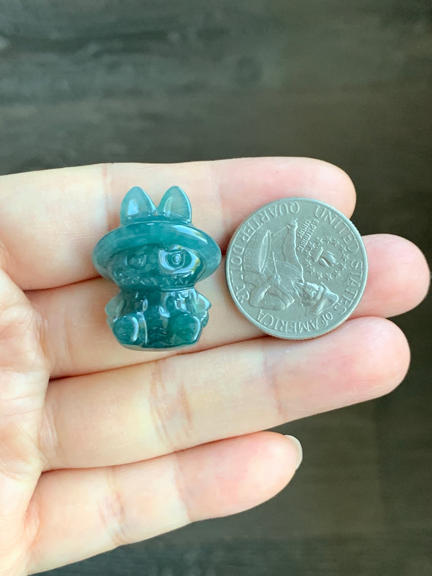 Natural Grade A Guatemalan Icy Translucent Dark Teal Blue Jade Jadeite Carved Monster Plush Pendant Rope Necklace 26” 天然冰胶危深蓝绿翡翠吊坠 LBB88-B