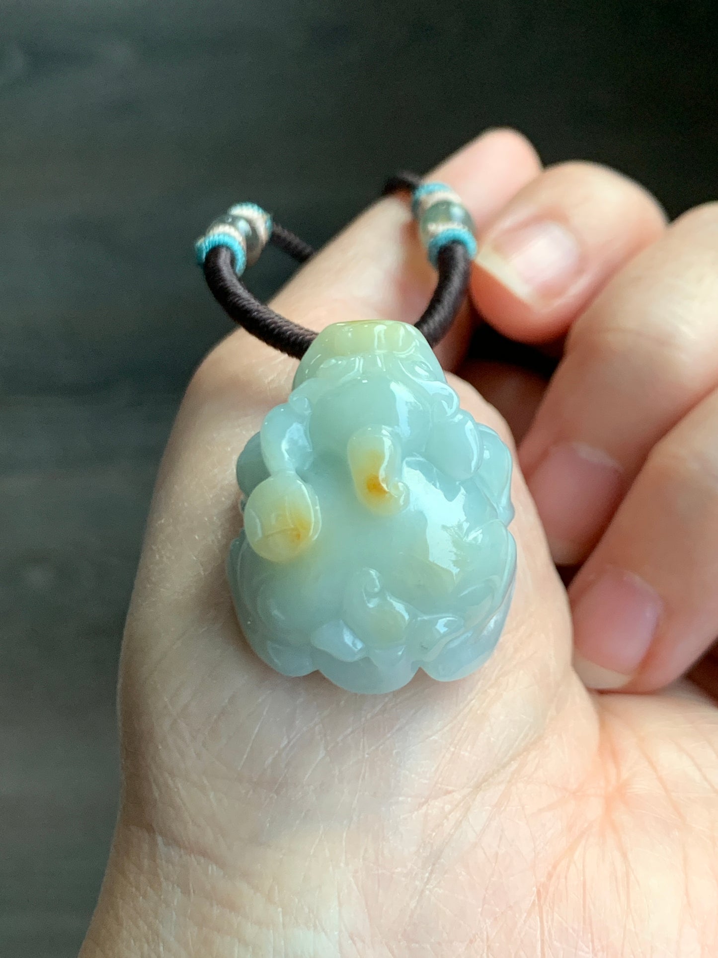 Large Natural  Jadeite Icy Translucent Light Blue Jadeite w/ Golden Yellow Marbling Pixiu Pendant Rope Necklace 天然厚装冰蓝撒金翡翠貔貅吊坠