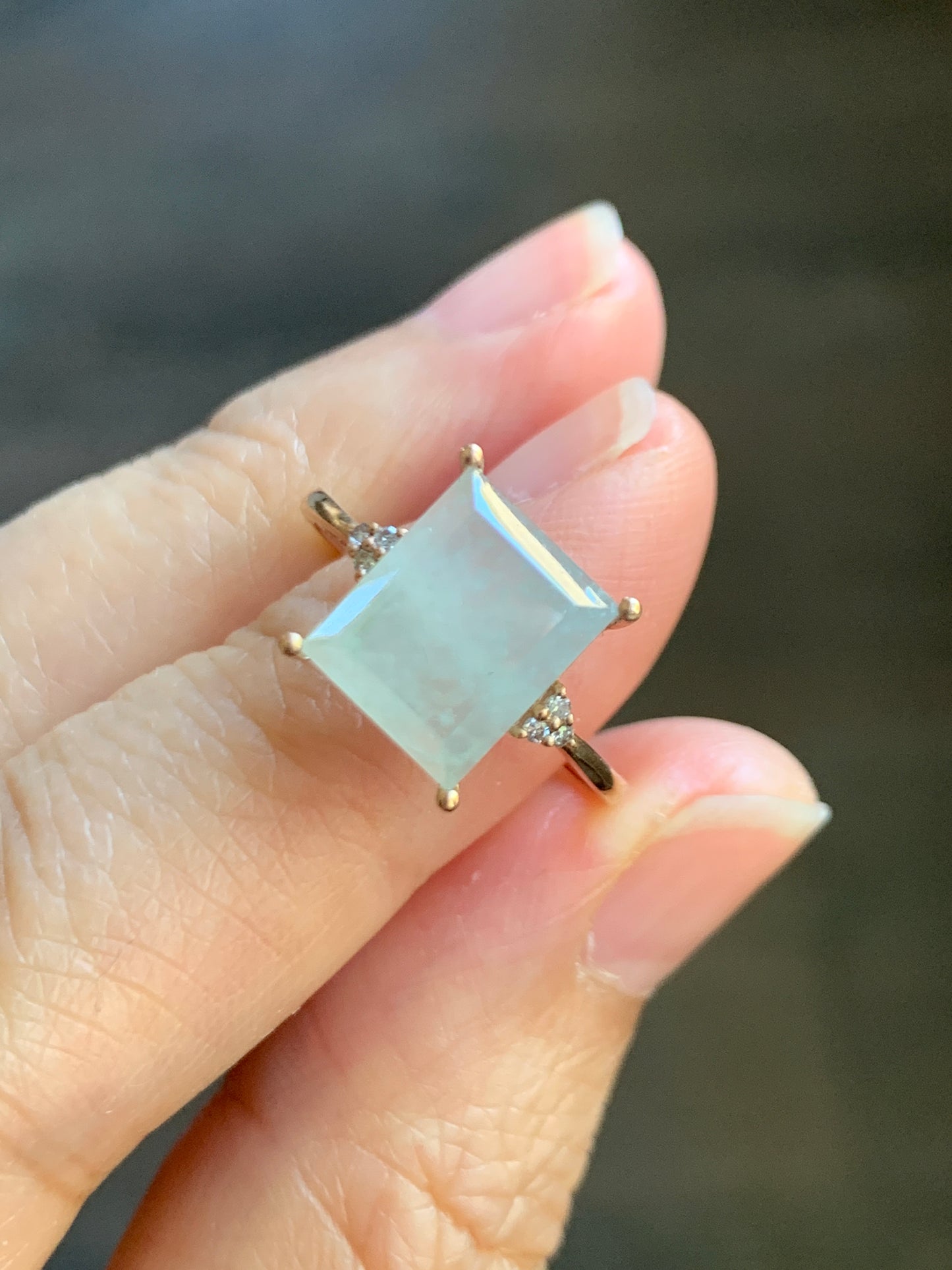 Certified Natural Grade A Icy Highly Translucent Pastel Green Emerald Cut Jadeite Ring 18K Rose Gold Diamonds Size 7 天然正冰晴底雪花棉翡翠切割面钻石镶嵌戒指