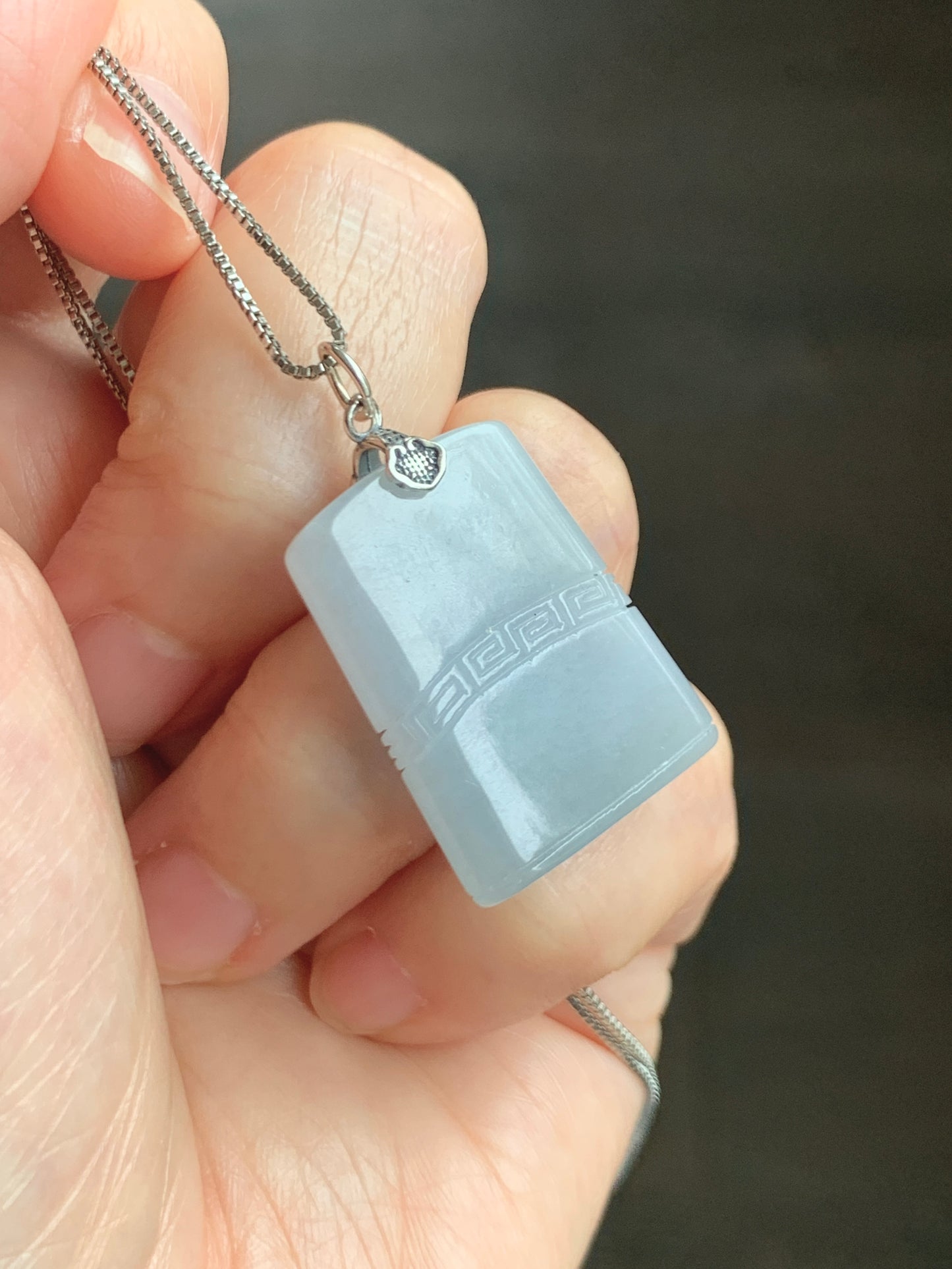 Natural Grade A Icy Translucent Pastel Blue Jade Jadeite Tao Tie Mythological Beast Tag Pendant Sterling Silver 7g 天然冰淡蓝底翡翠饕餮牌吊坠 TTE180
