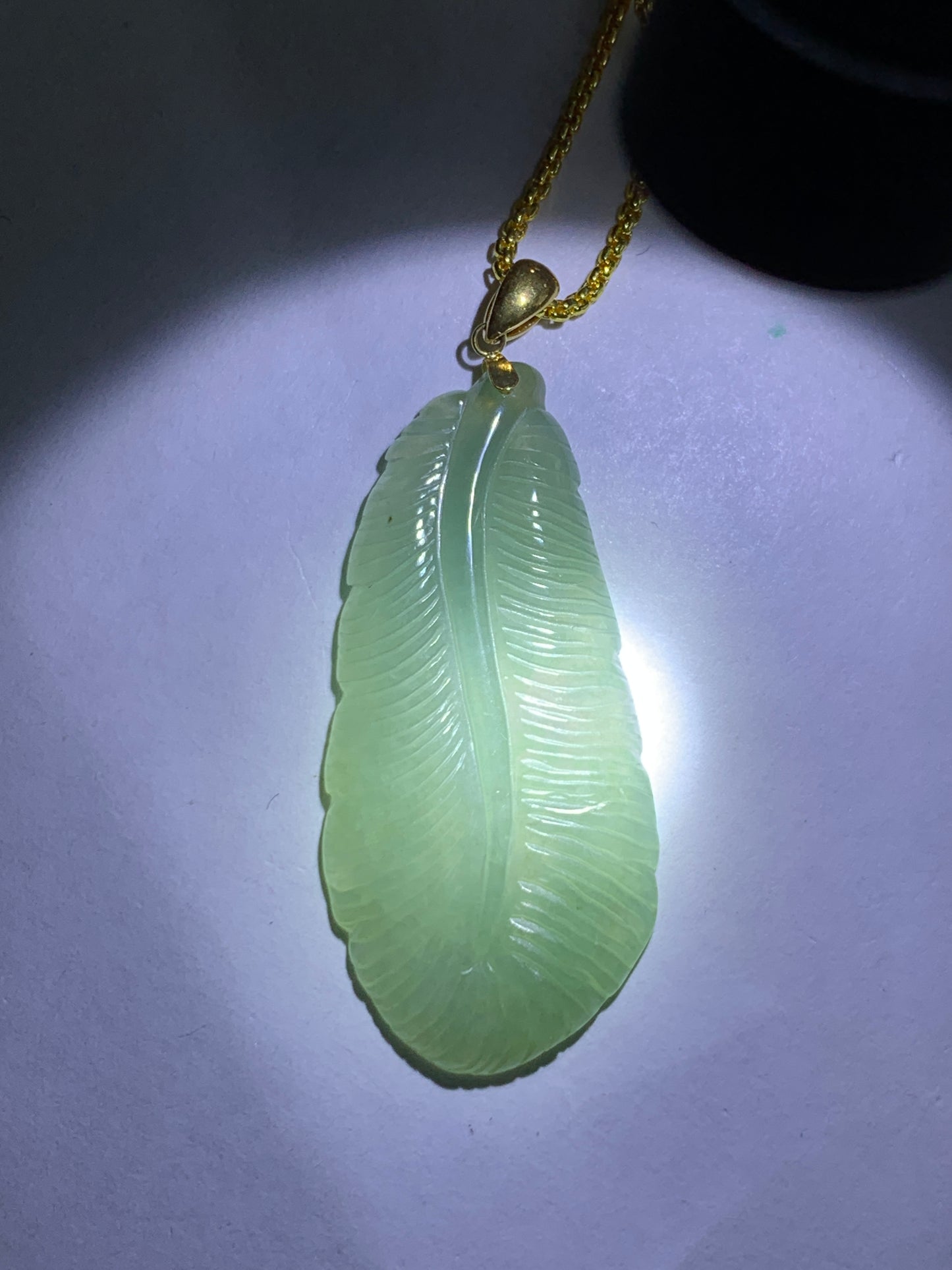Natural Grade A Icy Translucent Light Green Jade Jadeite Carved Large Feather Pendant 18K Yellow Gold Bail 天然冰绿翡翠羽毛镶嵌吊坠 MQL228