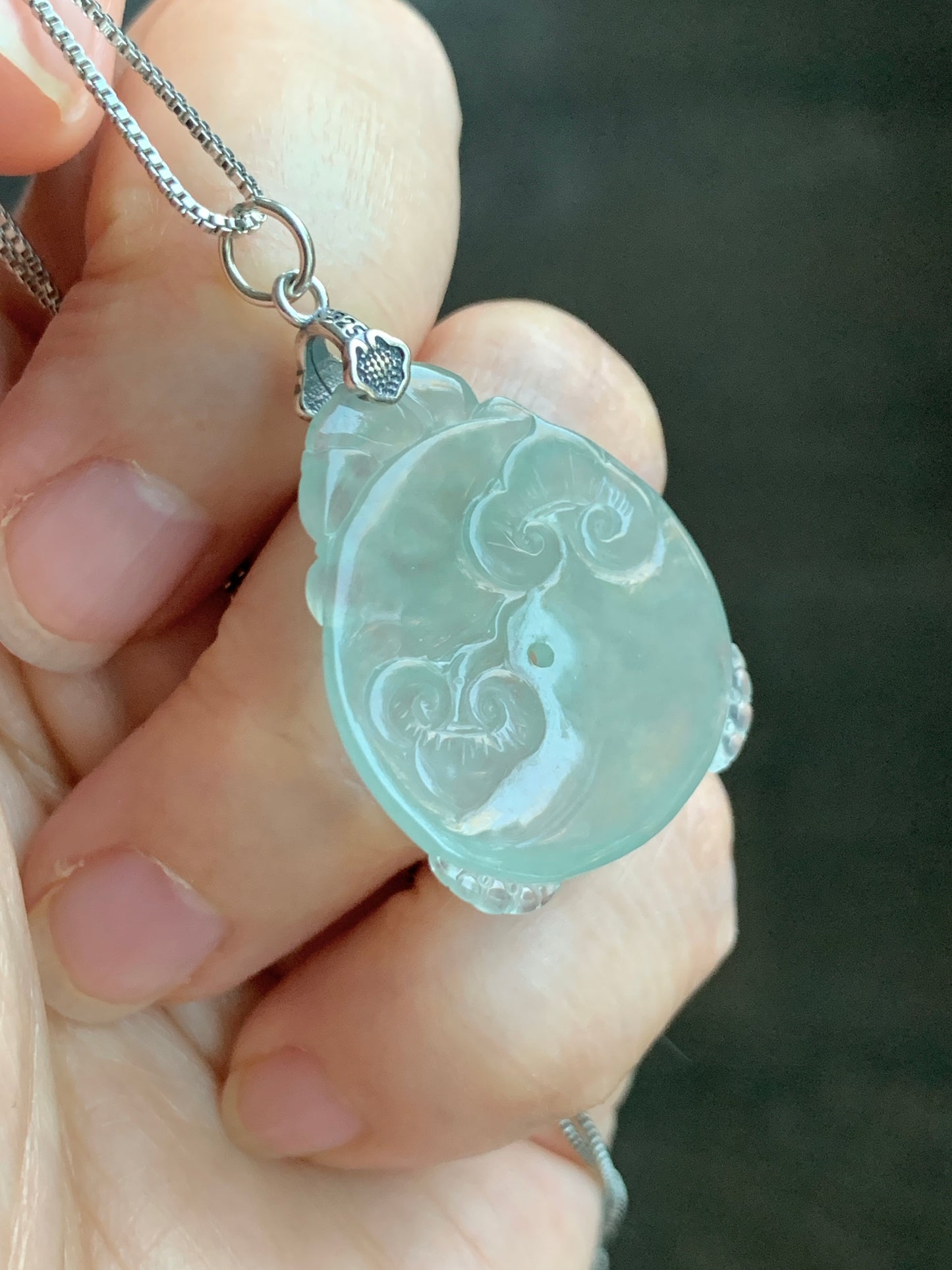 Certified Natural  Premium Icy Light Green Jadeite Lotus Flower Goldfish Ping An Kou Donut Pendant Sterling Silver 天然冰胶起光晴底翡翠莲花鱼吊坠
