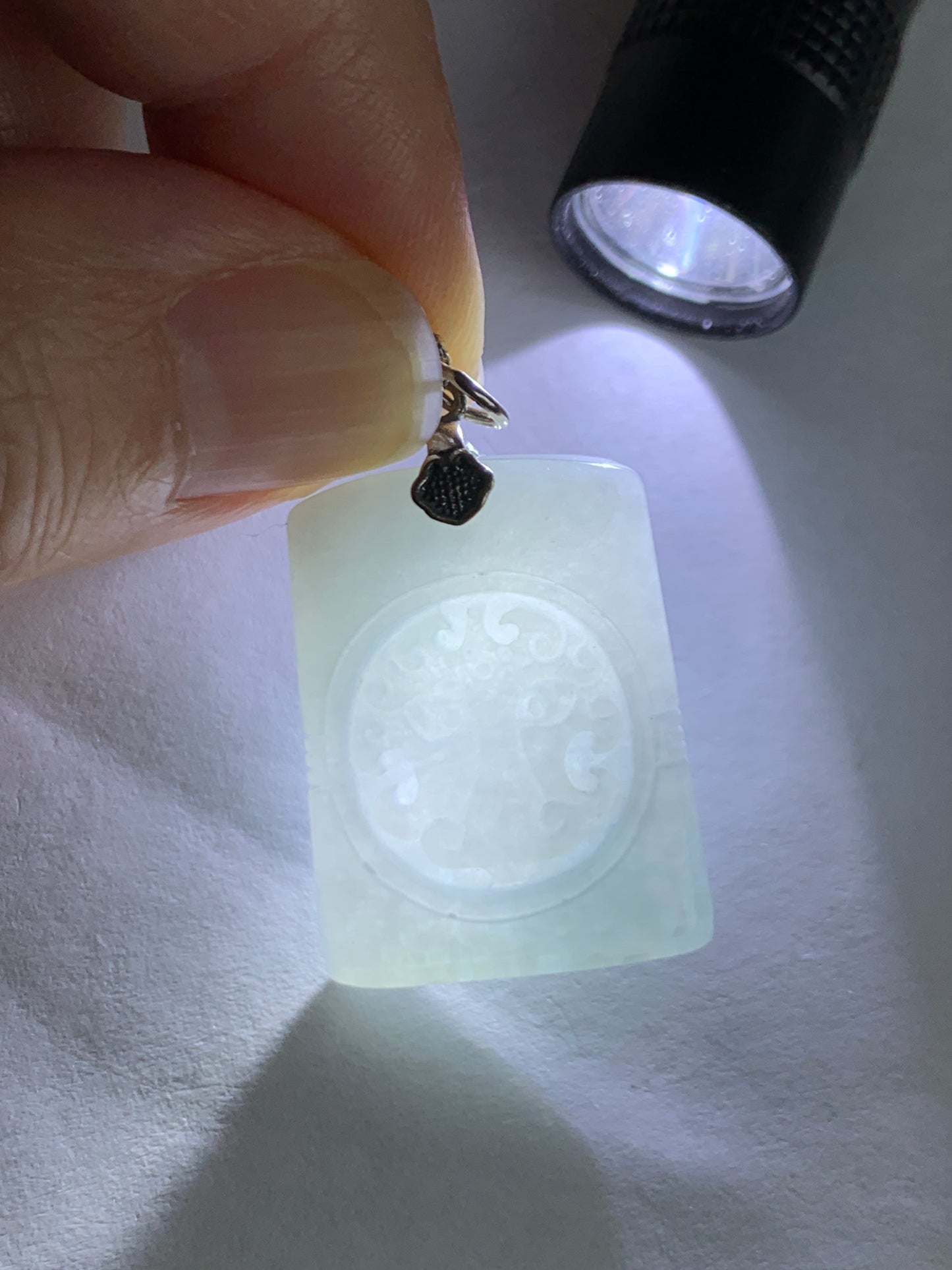 Natural Grade A Icy Translucent Pastel Blue Jade Jadeite Tao Tie Mythological Beast Tag Pendant Sterling Silver 7g 天然冰淡蓝底翡翠饕餮牌吊坠 TTE180