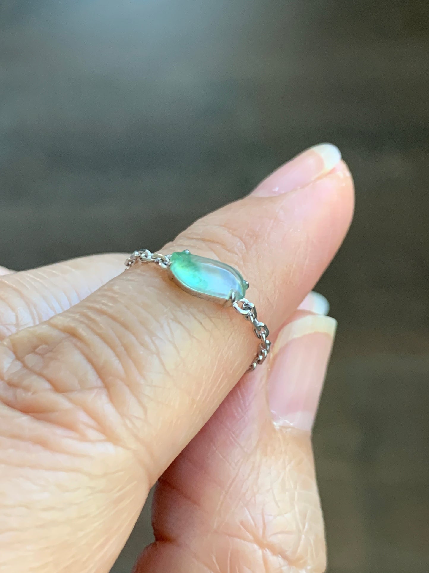 Certified Natural  Highly Translucent Green Marbling Jadeite "Horse Eye" Chain Ring 18K White Gold Adjustable 天然正高冰翡翠飘绿花马眼镶嵌戒指