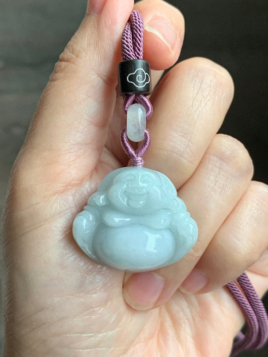 Natural  Translucent Light Bluish Green Jadeite Buddha Pendant Rope Necklace 25” 天然细糯晴蓝底翡翠佛公吊坠