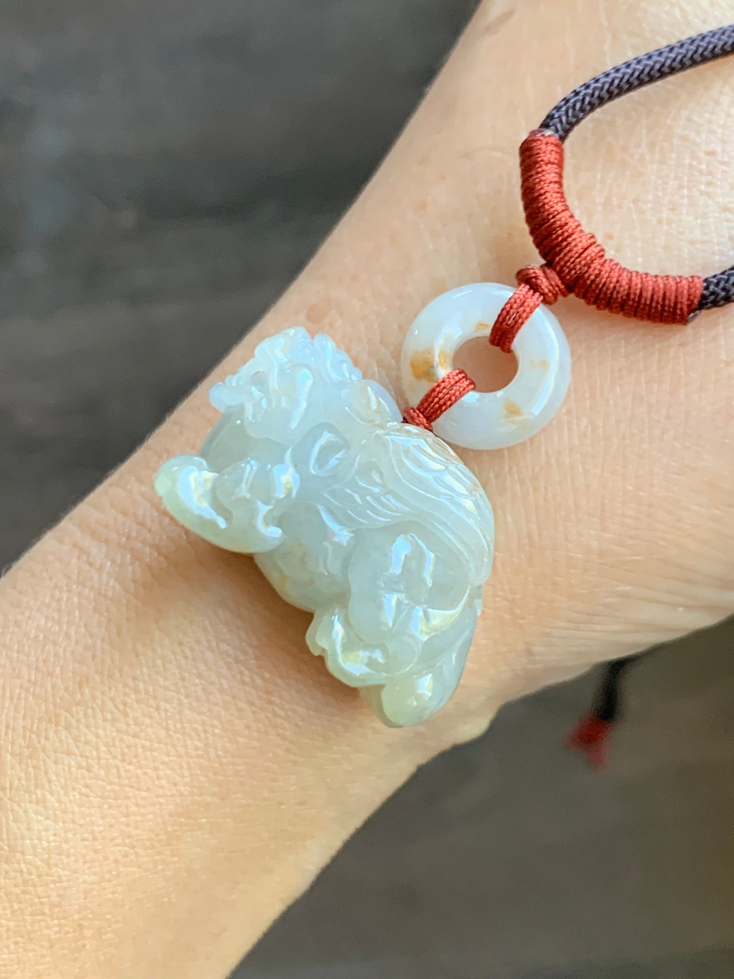 Natural  Icy Translucent Gelatinous Light Beige Jadeite w/ Golden Marbling Flying Pixiu & Donut Pendant Necklace 天然冰糖黄撒金翡翠飞天貔貅平安扣项链