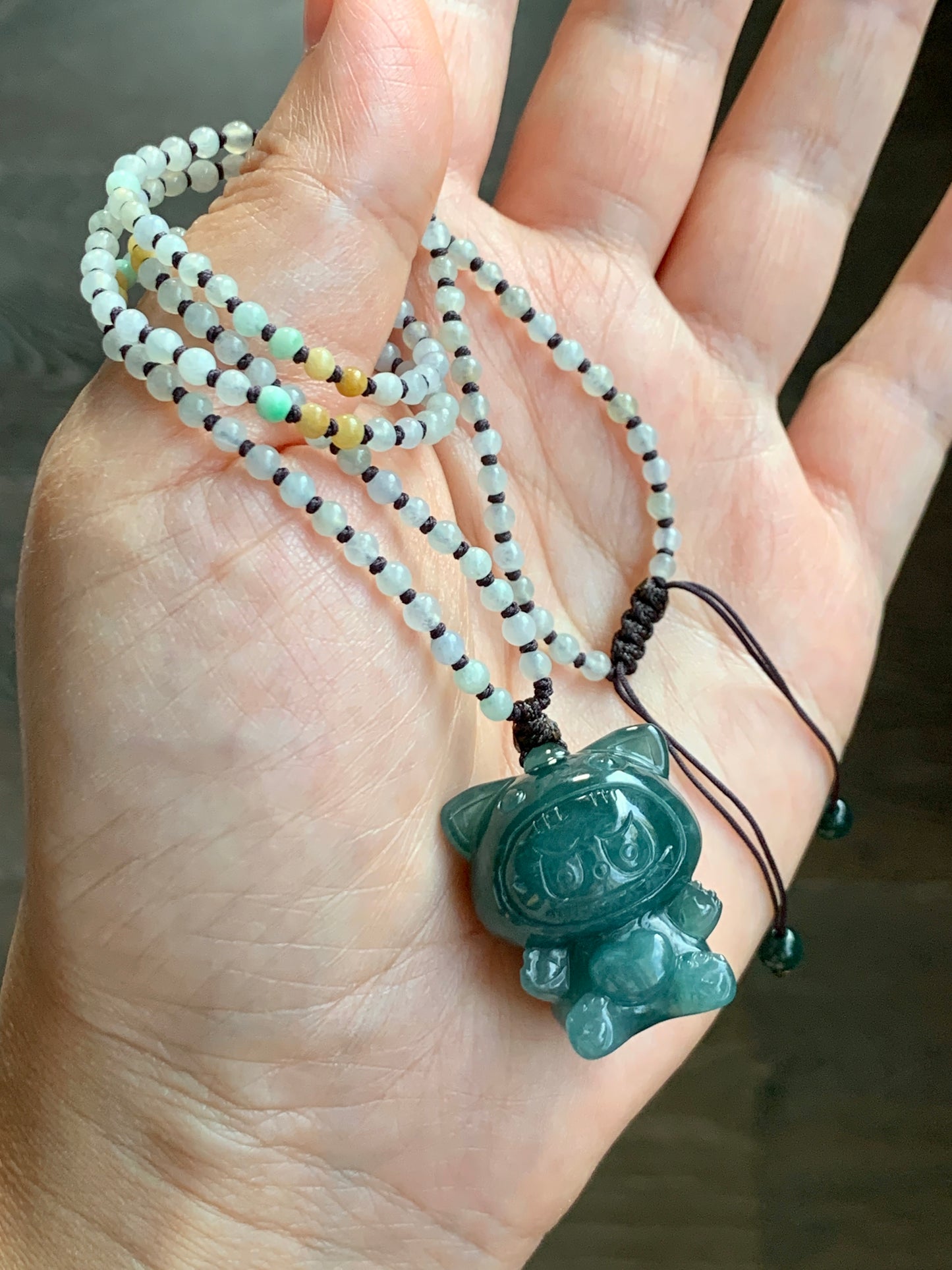 Natural Grade A Guatemalan Icy Translucent Dark Teal Blue Jade Jadeite Carved Labubu Pendant Beaded Necklace 23.5” 天然冰危深蓝绿翡翠吊坠 LBB138