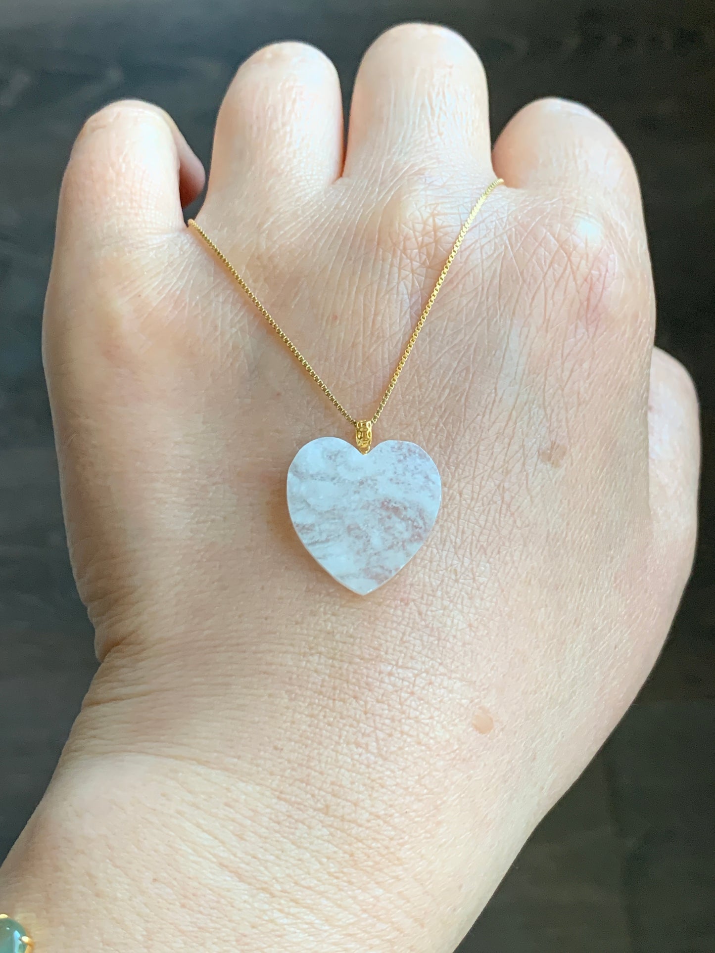 Natural  Highly Translucent Icy Jadeite w/ White Marbling Heart Pendant 18K Yellow Gold Bail 17” Cord 天然白冰莫西沙翡翠爱心镶嵌吊坠 Style 1