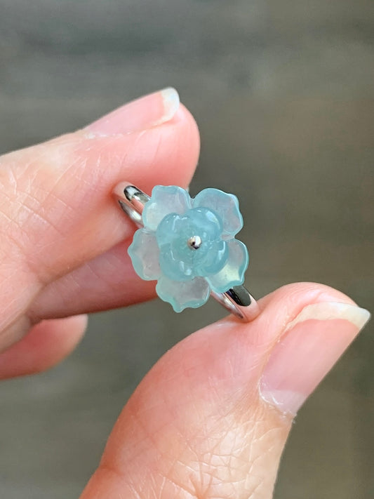 Certified Natural Guatemalan Icy Highly Translucent Light Blue Jade Jadeite Lotus Flower Ring 18K White Gold sz 7.25 2g 天然高冰危浅蓝翡翠莲花镶嵌戒指 3839