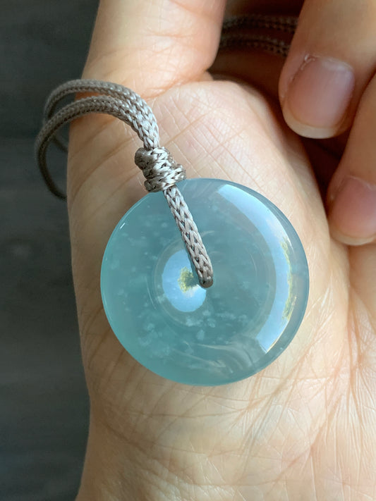 Certified Natural Icy Highly Translucent Premium Light Blue Jadeite Ping An Kou Donut Pendant Rope Necklace Adjustable 26” 天然冰危淡蓝起胶起光翡翠平安扣吊坠 7831