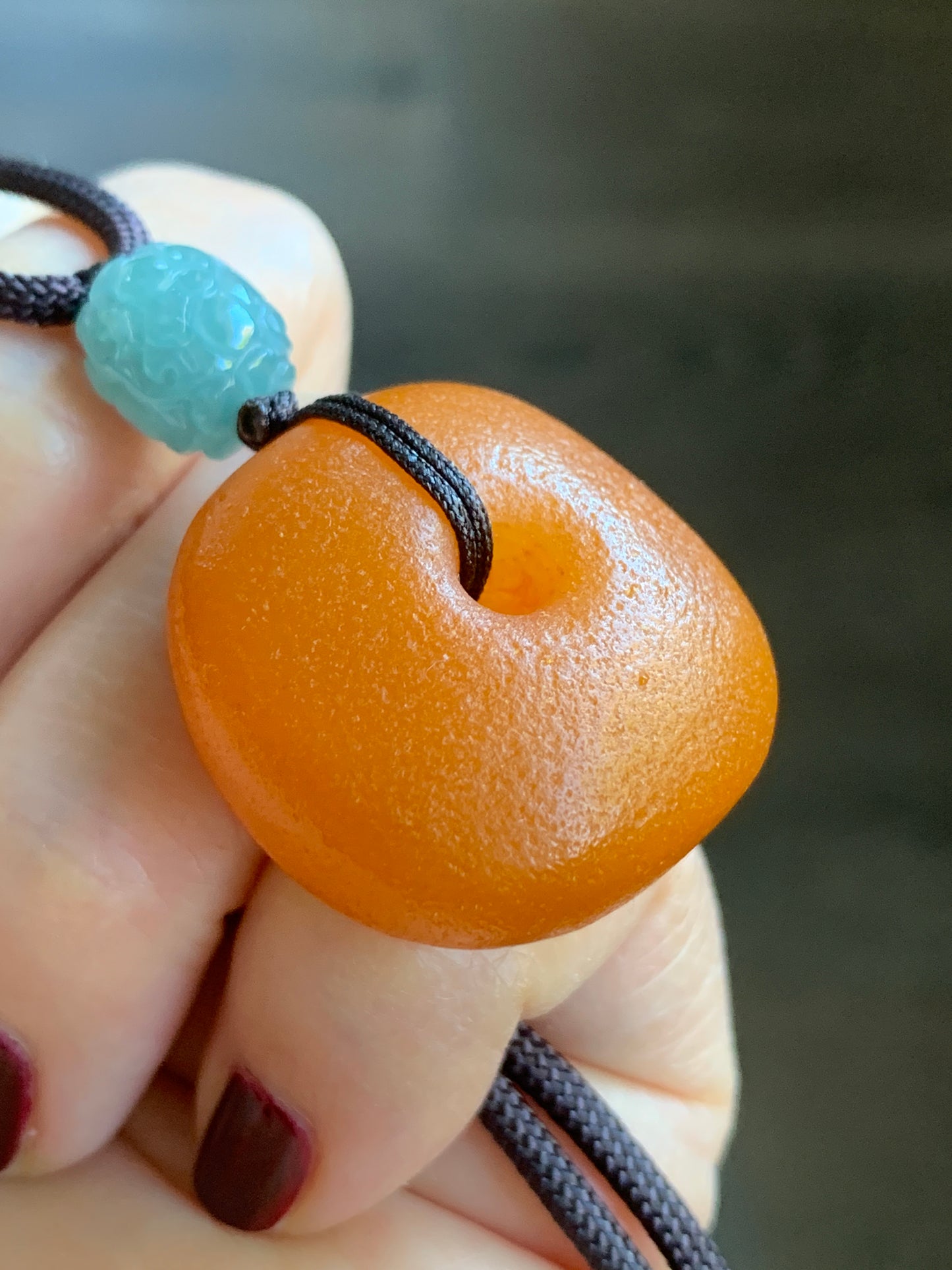 Natural Beewax Amber Large Square Donut Natural Guatemalan Light Dusty Blue Engraved Barrel Bead Necklace Sterling Silver