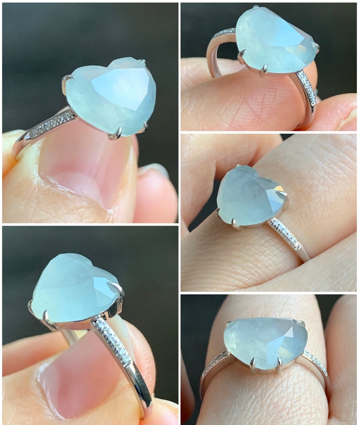 Certified Natural Grade A Premium Icy White Jadeite Diamond Faceted Heart Ring Natural Diamonds 18K White Gold Sz 7 天然正冰白水翡翠切割面爱心钻石镶嵌戒指 5665