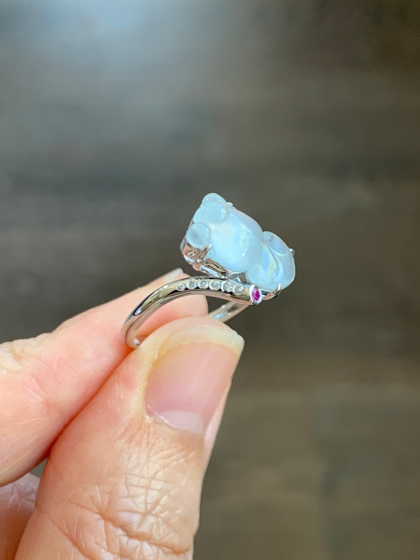 Certified Natural  Transparent White Jadeite Carved Goldfish Diamond & Ruby Ring 18K White Gold sz 7 天然高冰起钢翡翠金鱼钻石红宝镶嵌戒指