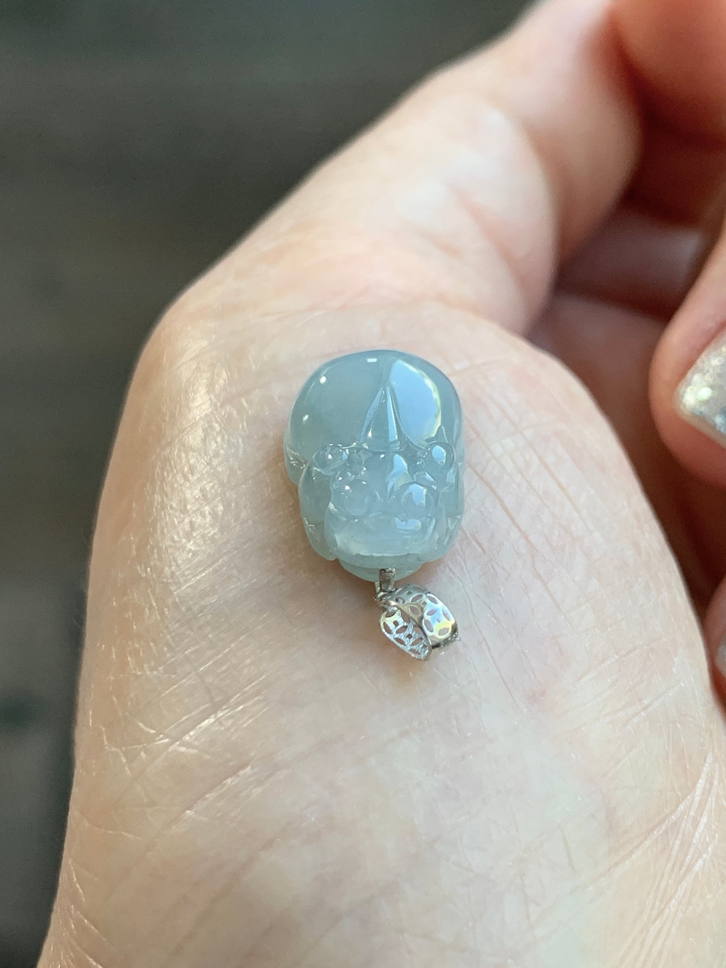 Natural Grade A Icy Translucent Gelatinous Pastel Dusty Blue Jade Jadeite Petite Pixiu Pendant 18K White Gold Bail 天然冰胶淡蓝翡翠貔貅吊坠 MTL250