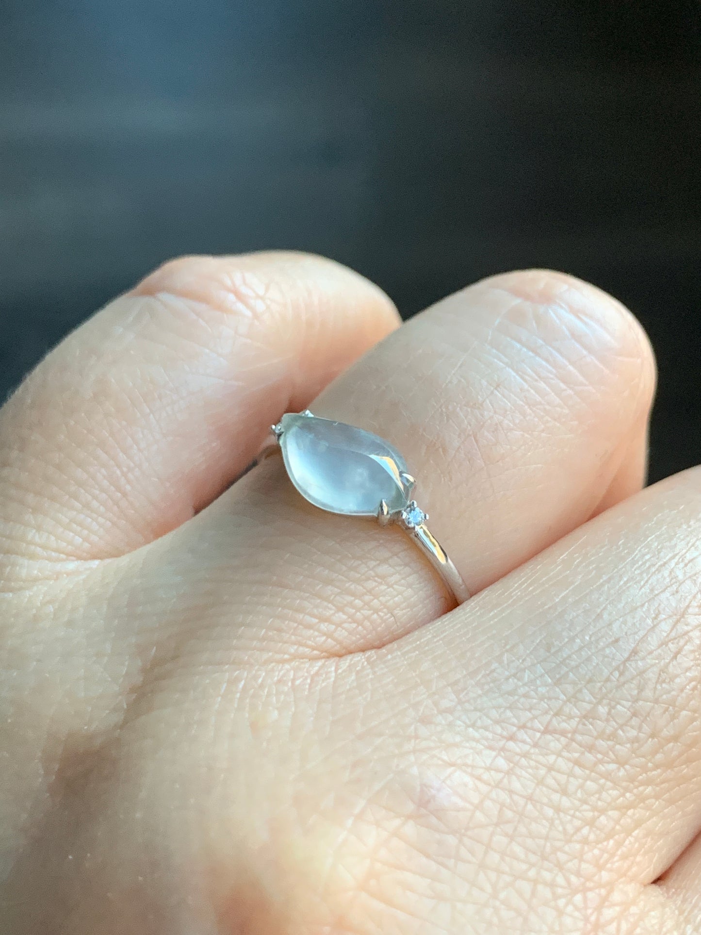 Certified Natural Grade A Premium Icy White Jadeite Horse Eye Cabochon Ring 18K White Gold Diamonds Size 7 US 1.65g 天然高冰木纳翡翠马眼镶嵌戒指 7066