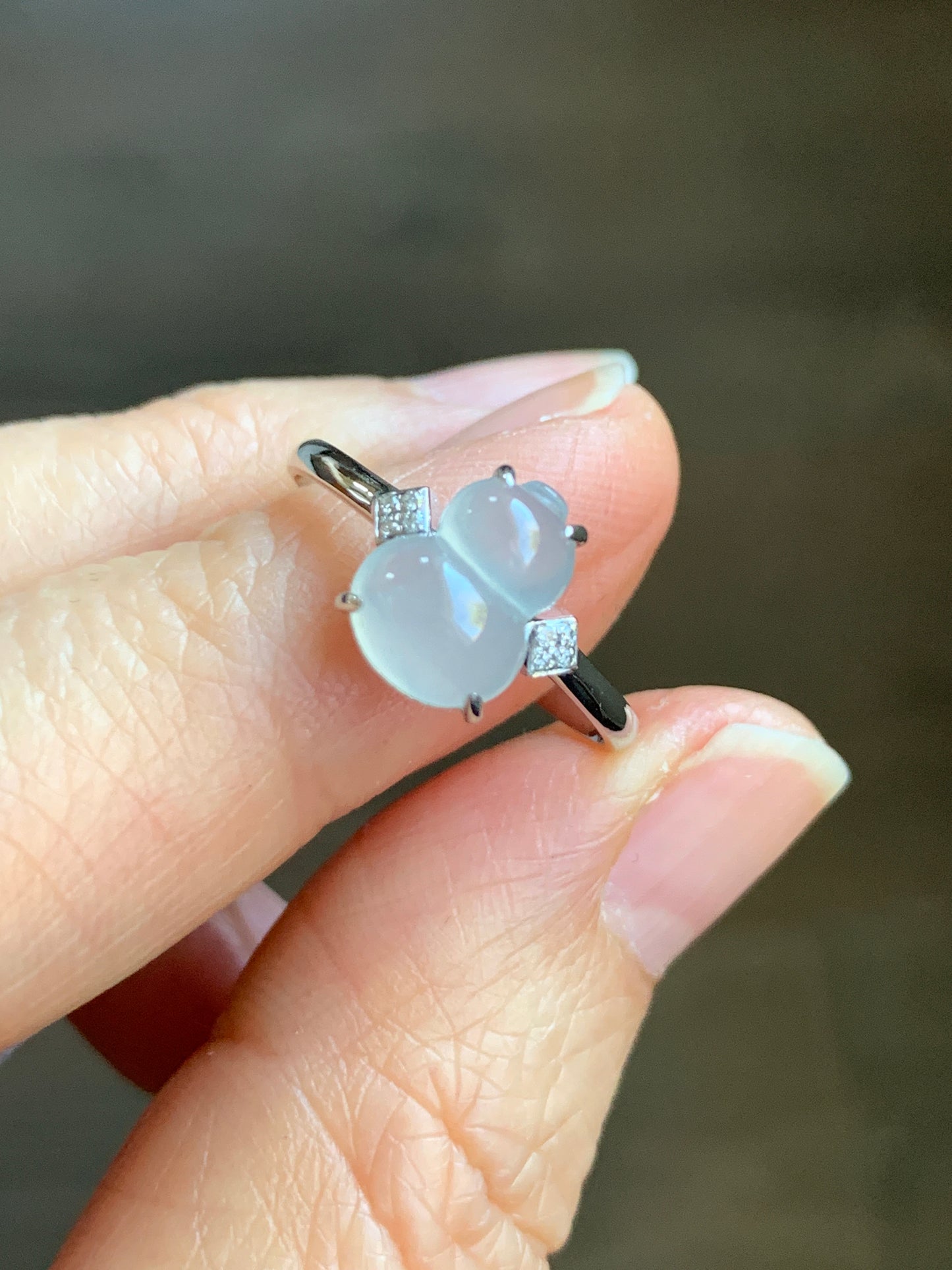 Certified Natural  Premium Highly Translucent Jadeite Hulu Gourd Ring 18K White Gold & Diamonds Sz 7 天然正冰起光起钢白冰葫芦钻石镶嵌戒指