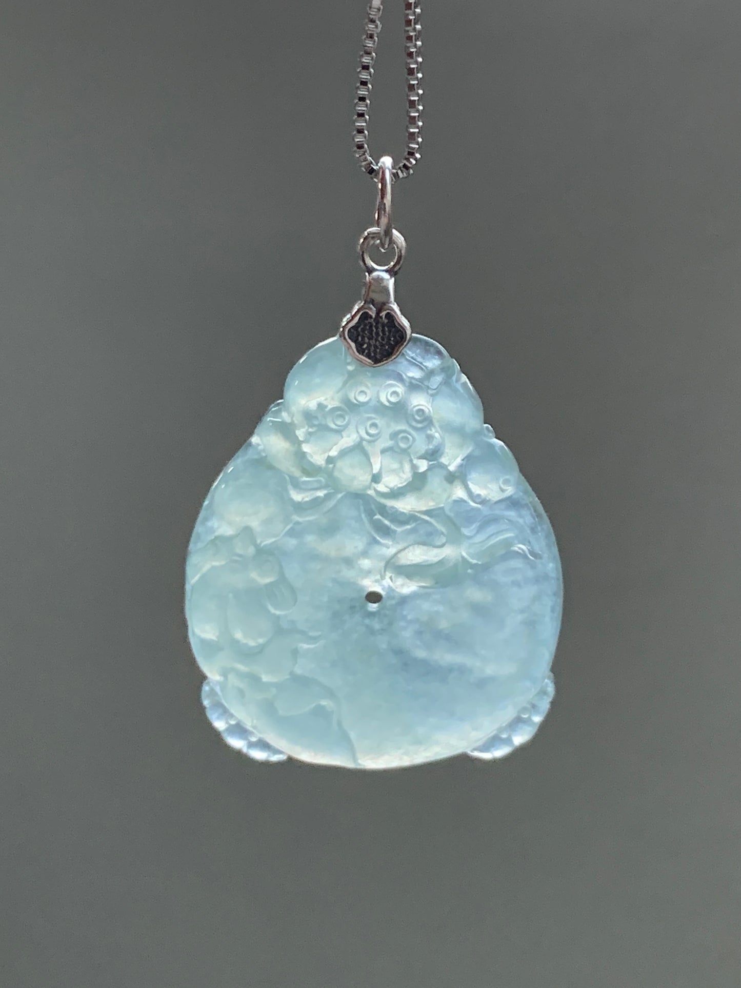 Certified Natural  Premium Icy Light Green Jadeite Lotus Flower Goldfish Ping An Kou Donut Pendant Sterling Silver 天然冰胶起光晴底翡翠莲花鱼吊坠