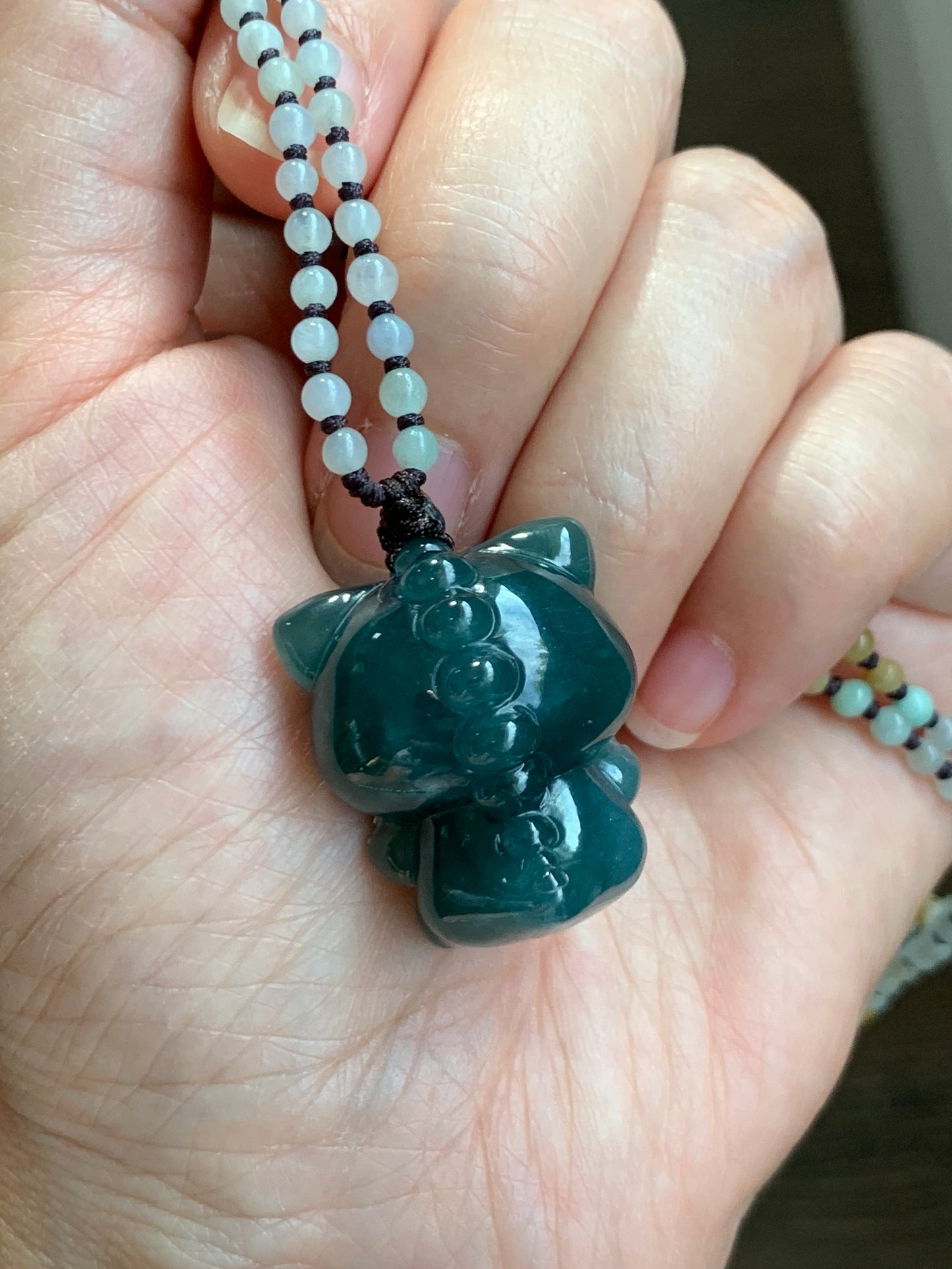 Natural Grade A Guatemalan Icy Translucent Dark Teal Blue Jade Jadeite Carved Labubu Pendant Beaded Necklace 23.5” 天然冰危深蓝绿翡翠吊坠 LBB138