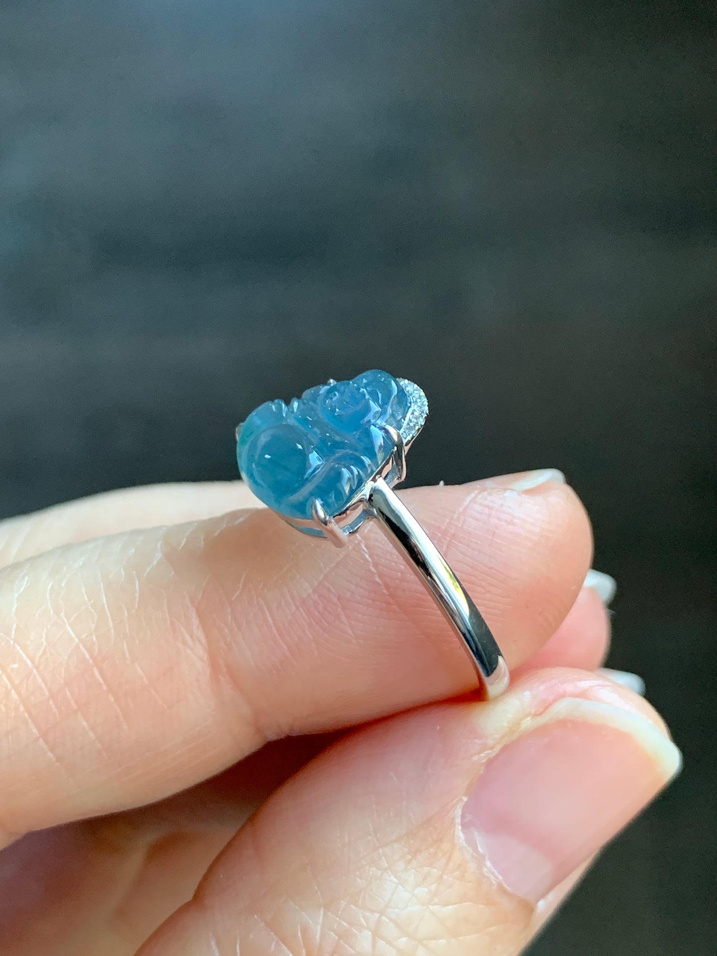 Certified Natural Guatemalan Highly Translucent Blue Jadeite Buddha & Diamond Ring 18K White Gold Size 7 天然高冰危蓝水翡翠佛公钻石镶嵌戒指