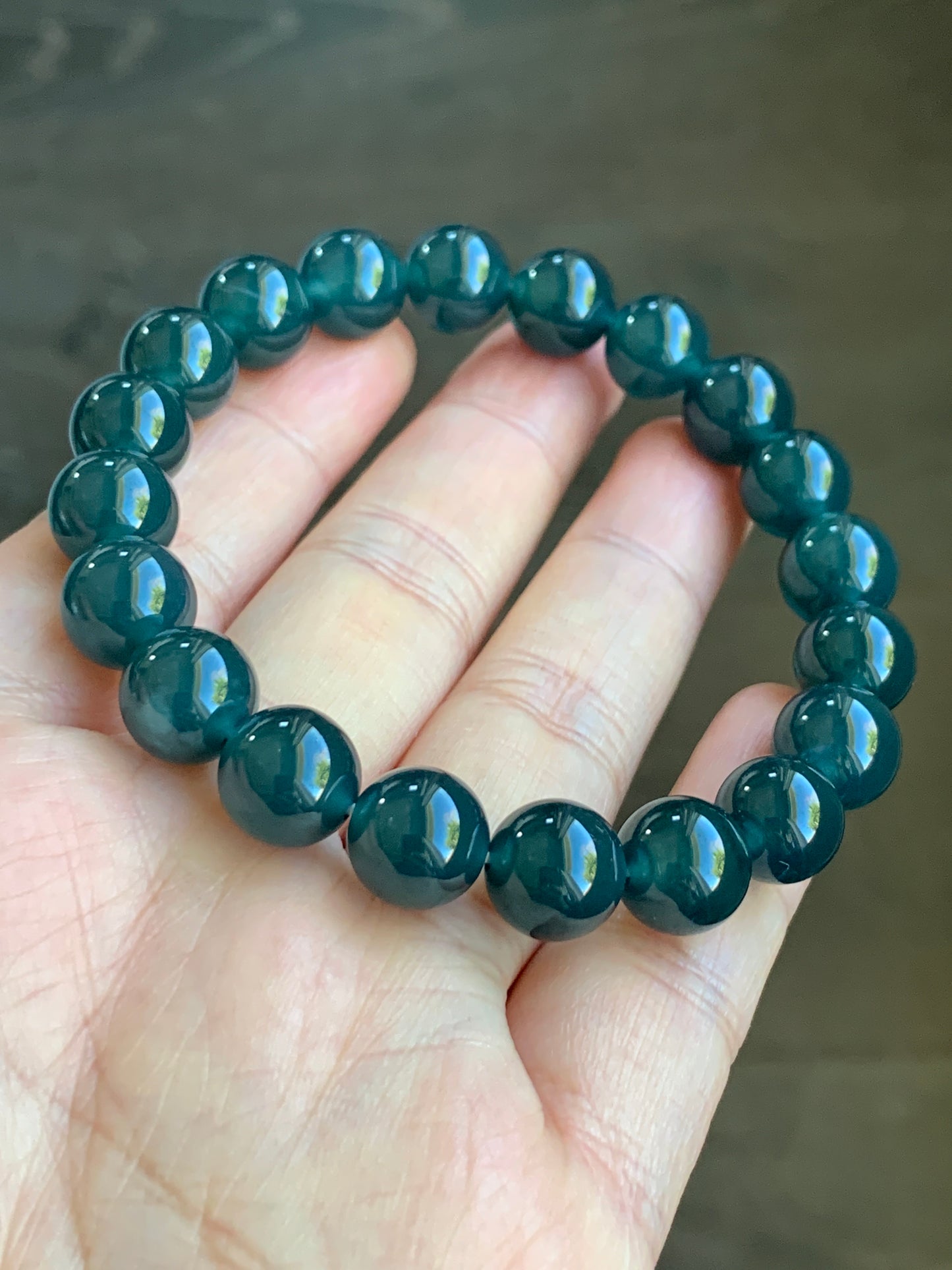 Certified Natural Grade A Icy Highly Translucent Gelatinous Dark Teal Blue Jadeite Beaded Bracelet 9.9mm 7.25” 33g 7817