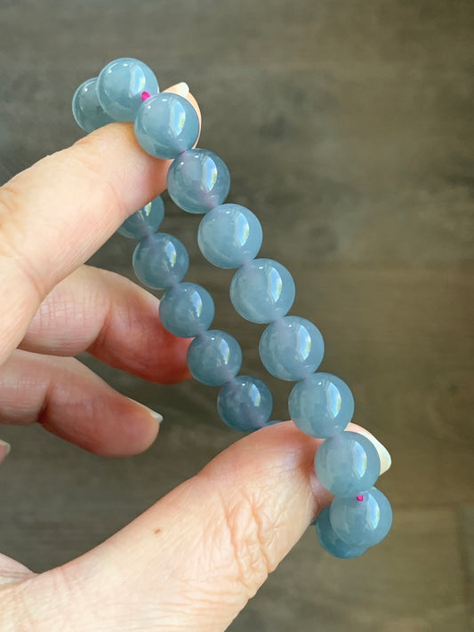Certified Natural Grade A Icy Translucent Gelatinous Dusty Purplish Blue Jadeite Beaded Bracelet 9.6mm 6.75" 30g 7849