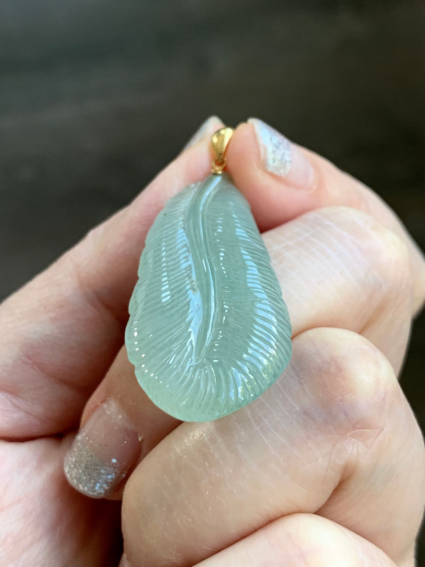 Natural Grade A Icy Translucent Light Green Jade Jadeite Carved Large Feather Pendant 18K Yellow Gold Bail 天然冰绿翡翠羽毛镶嵌吊坠 MQL228