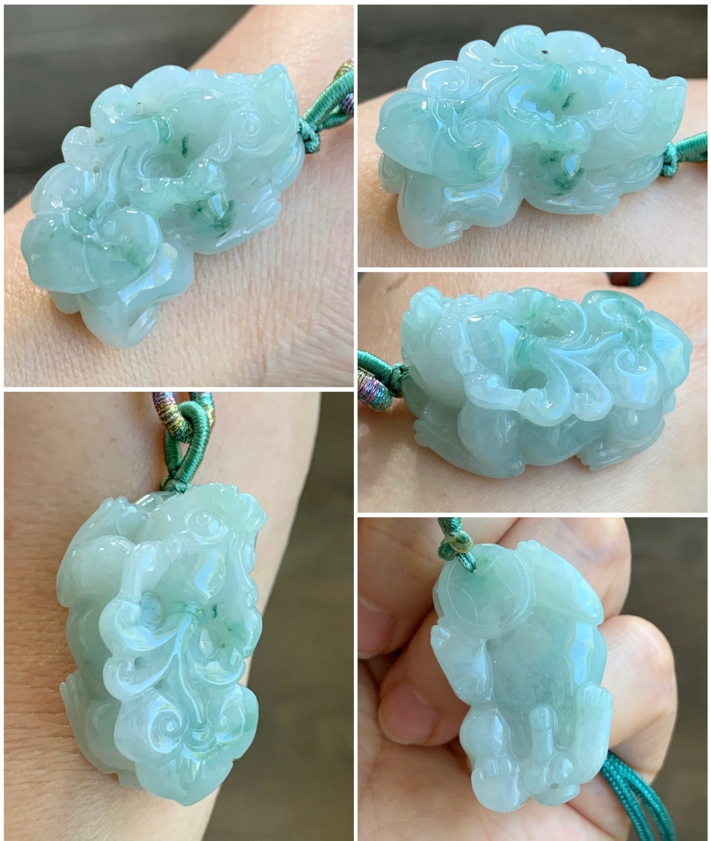 Natural Grade A Icy Translucent Gelatinous Green Marbled Jadeite Carved Pixiu Pendant Rope Necklace Adjustable 25" 24g 天然冰胶精工飘绿花翡翠貔貅吊坠