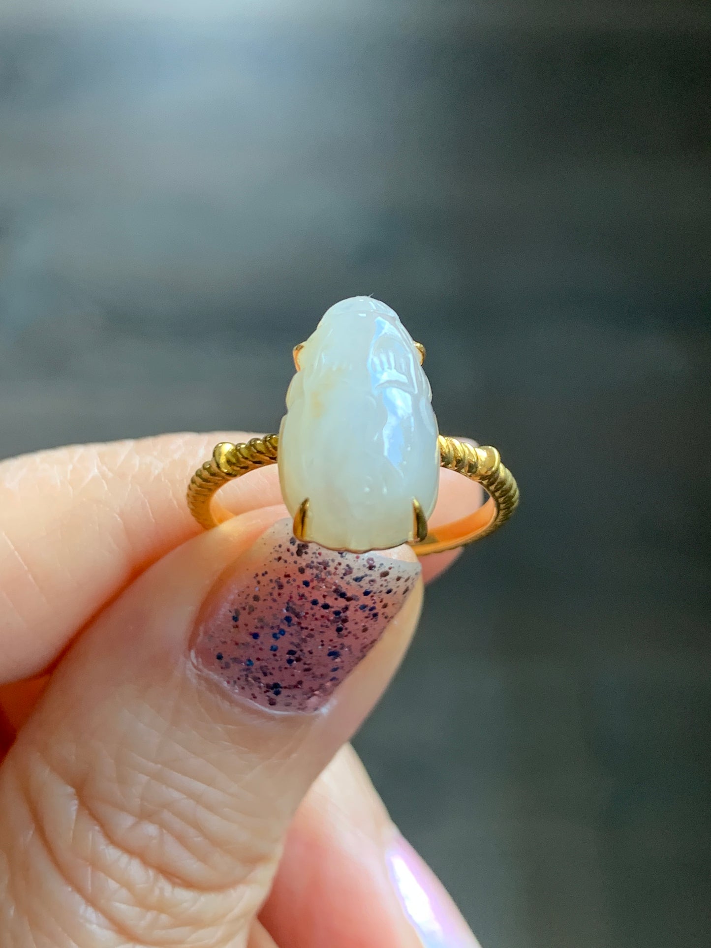 Certified Natural Grade A Icy Translucent Gelatinous Light Beige Jadeite Pixiu Ring Size 7 18K Yellow Gold 3.55g 天然冰胶雪梨黄翡翠貔貅镶嵌戒指 7063