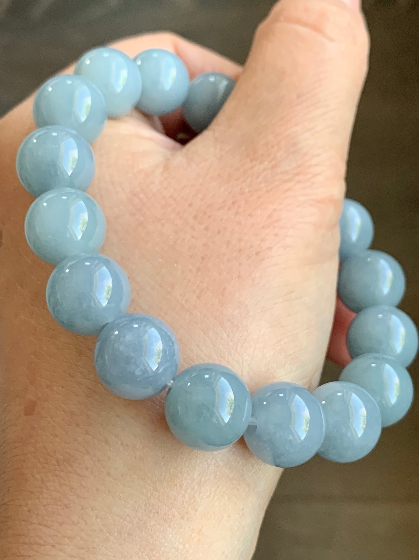 Certified Natural Grade A Icy Translucent Dusty Light Blue Jadeite Large Beaded Bracelet 12.3mm 7.75” 54g 7851