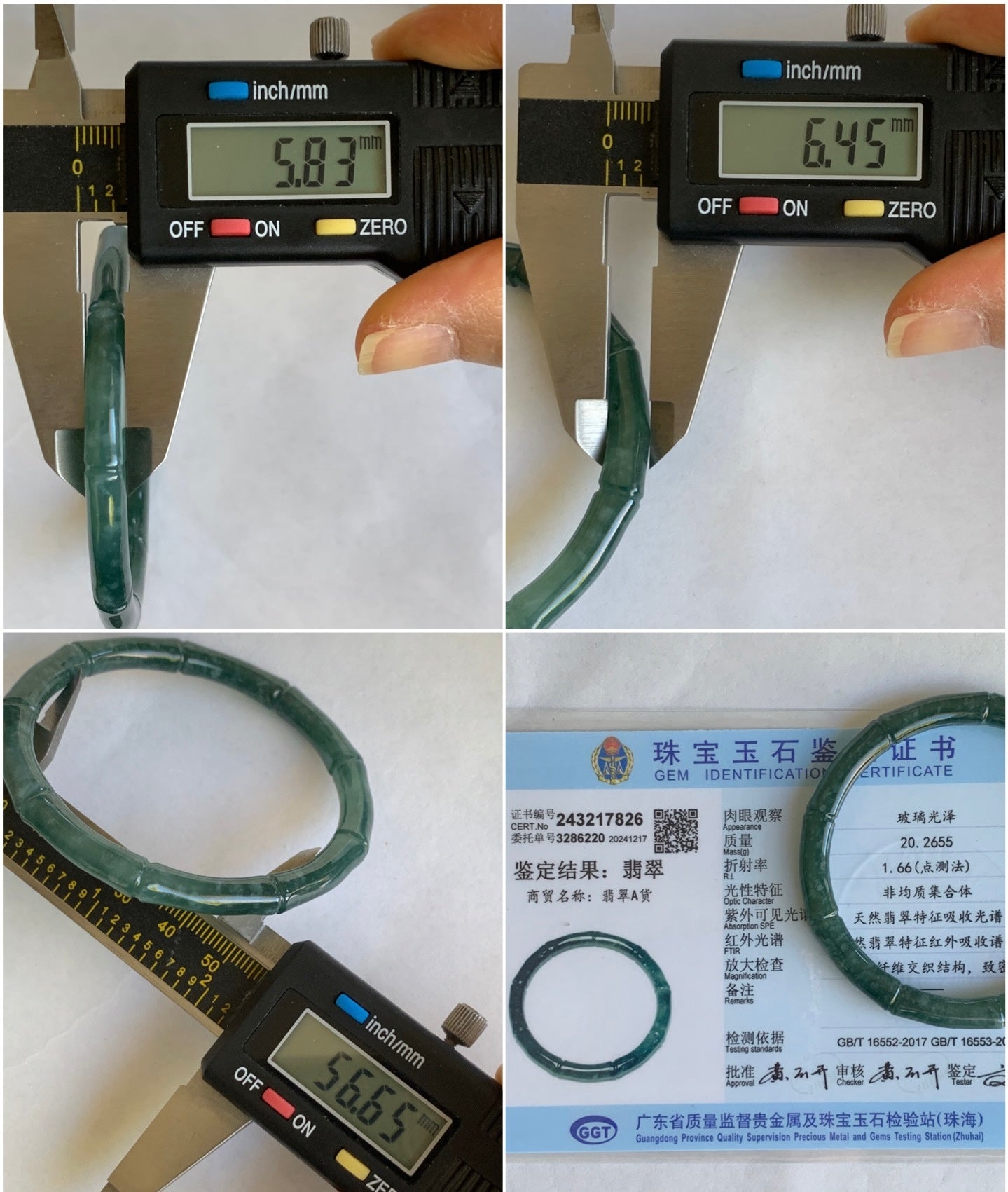 Certified Natural Grade A Icy Translucent Gelatinous Dark Teal Green Jadeite Carved Bamboo Bangle Bracelet 56.6mm 7” 20g 天然冰危深篮绿翡翠竹节手镯 7826