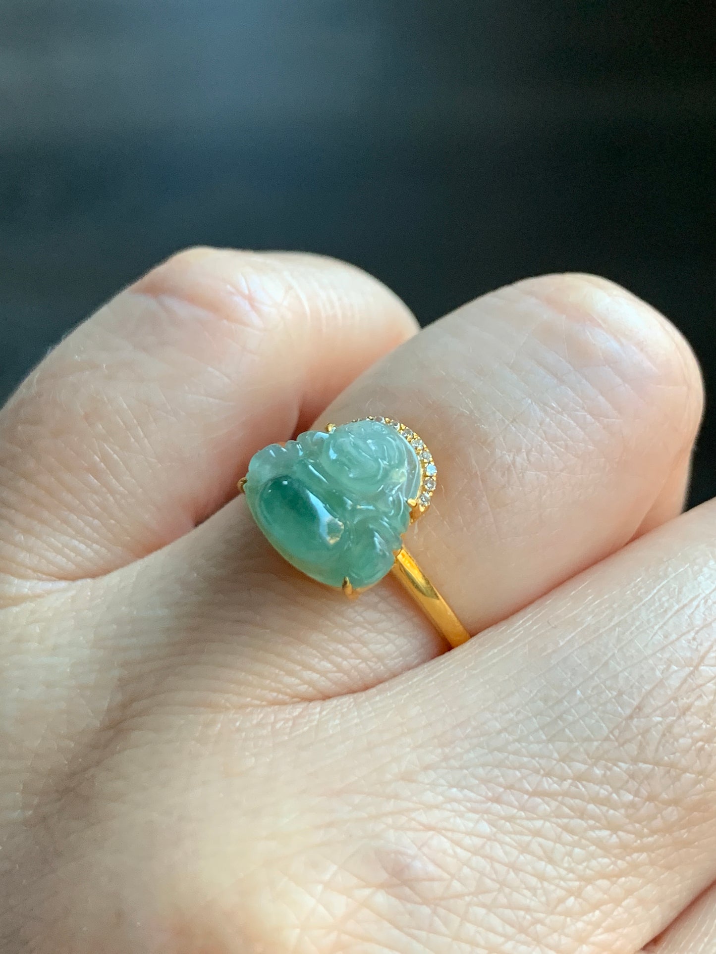 Certified Natural Grade A Icy Translucent light Green & Green Marbled Jadeite Buddha Ring 18K Yellow Gold Diamonds Size 7 天然冰飘绿花翡翠小佛公钻石镶嵌戒指