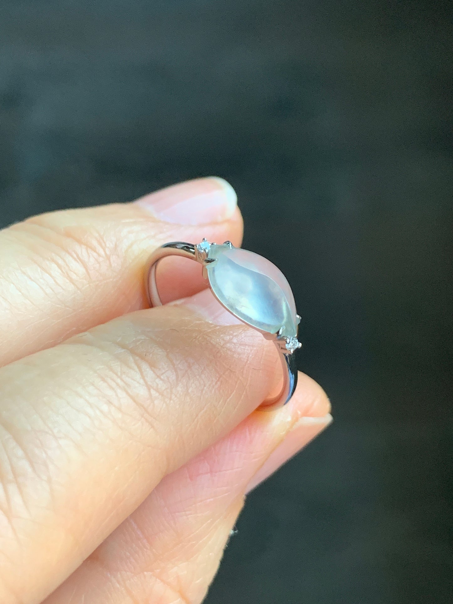 Certified Natural Grade A Premium Icy White Jadeite Horse Eye Cabochon Ring 18K White Gold Diamonds Size 7 US 1.65g 天然高冰木纳翡翠马眼镶嵌戒指 7066