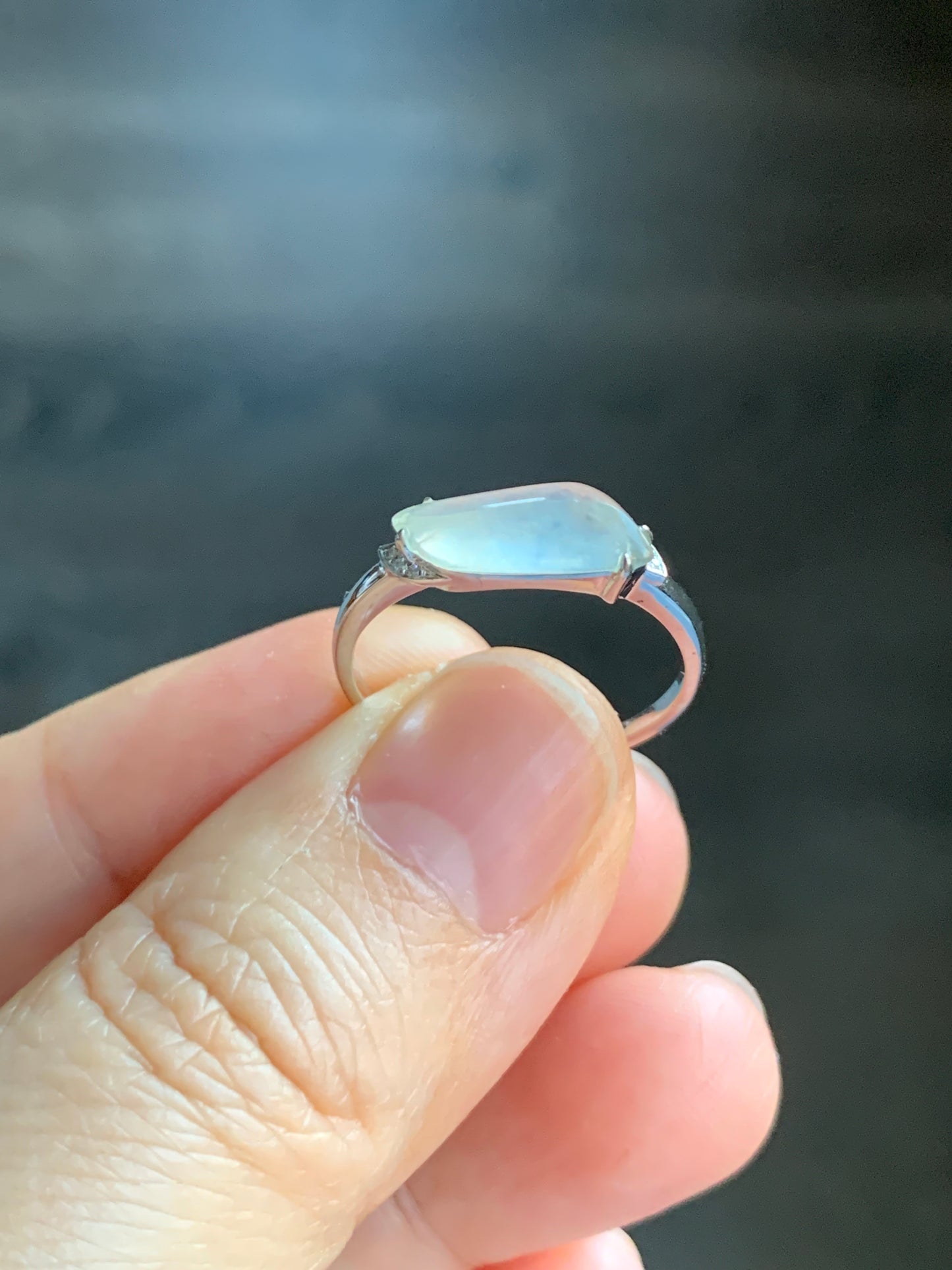 Certified Natural Grade A Icy Highly Translucent White Jadeite Horse Eye Cabochon Ring 18K White Gold Diamonds Size 7 天然起光白冰胶翡翠马眼随形镶嵌戒指 3889