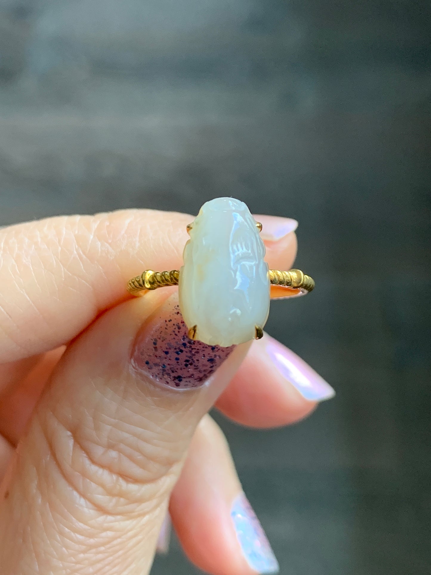 Certified Natural Grade A Icy Translucent Gelatinous Light Beige Jadeite Pixiu Ring Size 7 18K Yellow Gold 3.55g 天然冰胶雪梨黄翡翠貔貅镶嵌戒指 7063
