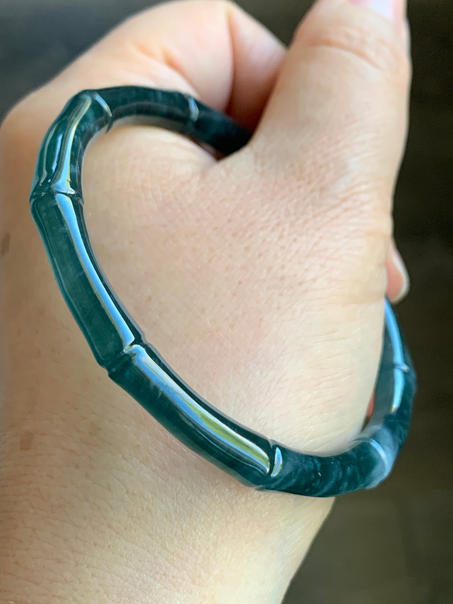 Certified Natural Grade A Icy Translucent Gelatinous Dark Teal Green Jadeite Carved Bamboo Bangle Bracelet 56.7mm 7” 19.2g 天然冰危深篮绿翡翠竹节手镯 7828
