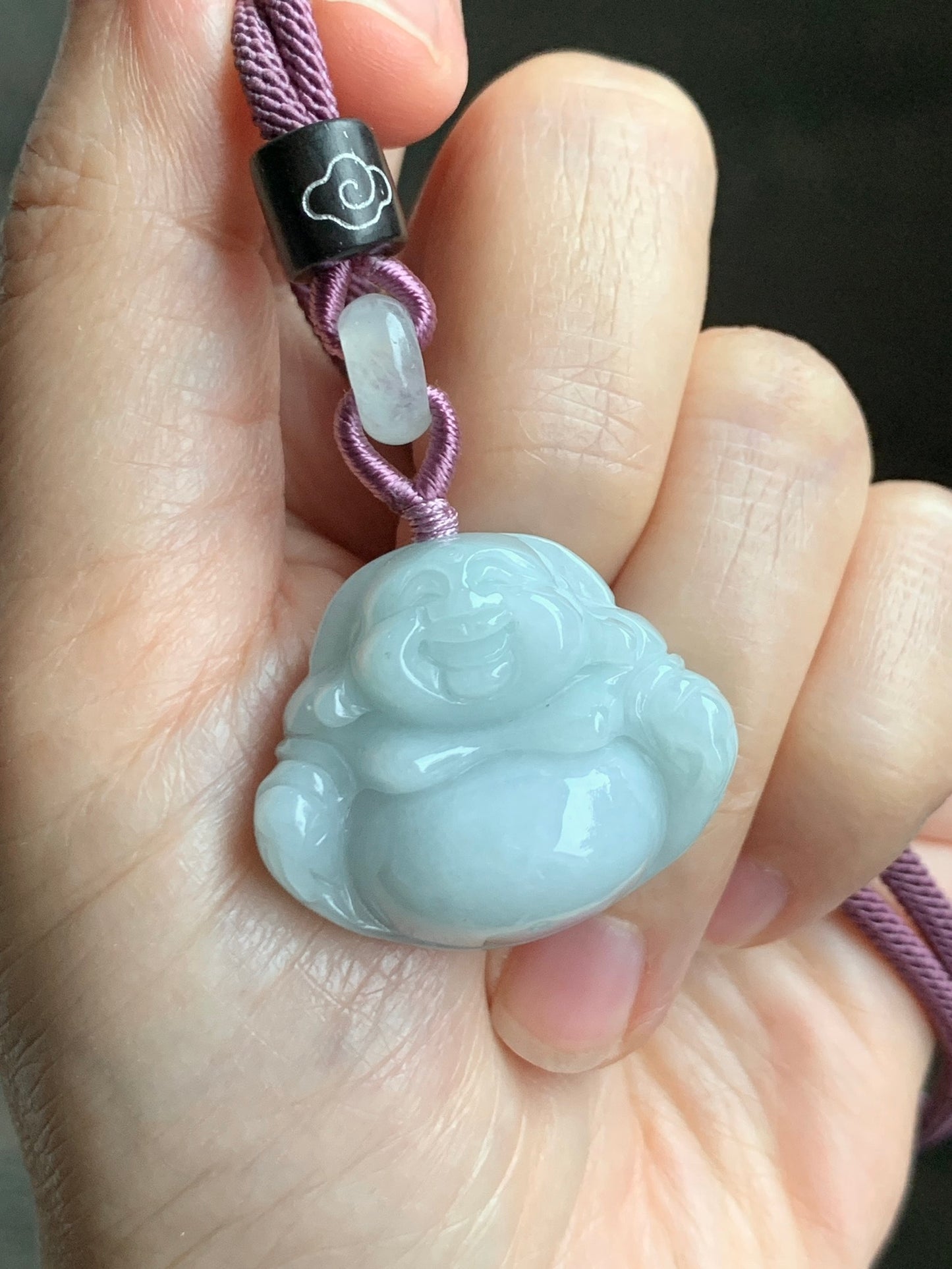 Natural  Translucent Light Bluish Green Jadeite Buddha Pendant Rope Necklace 25” 天然细糯晴蓝底翡翠佛公吊坠