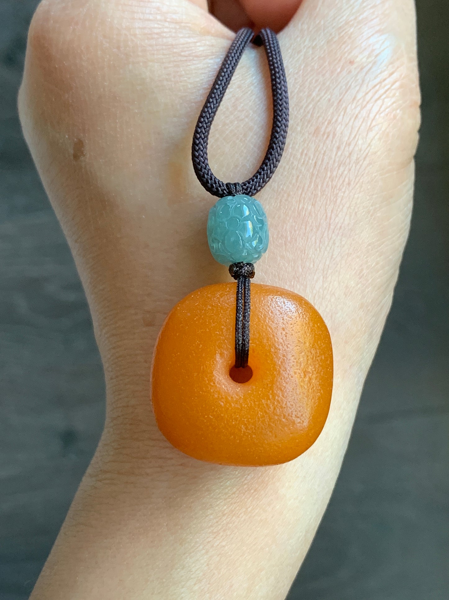 Natural Beewax Amber Large Square Donut Natural Guatemalan Light Dusty Blue Engraved Barrel Bead Necklace Sterling Silver