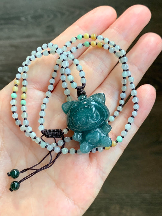 Natural Grade A Guatemalan Icy Translucent Dark Teal Blue Jade Jadeite Carved Labubu Pendant Beaded Necklace 23.5” 天然冰危深蓝绿翡翠吊坠 LBB138