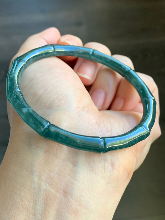 Certified Natural Grade A Icy Translucent Gelatinous Dark Teal Green Jadeite Carved Bamboo Bangle Bracelet 60.7mm 7.5” 21g 天然冰危深篮绿翡翠竹节手镯 7829
