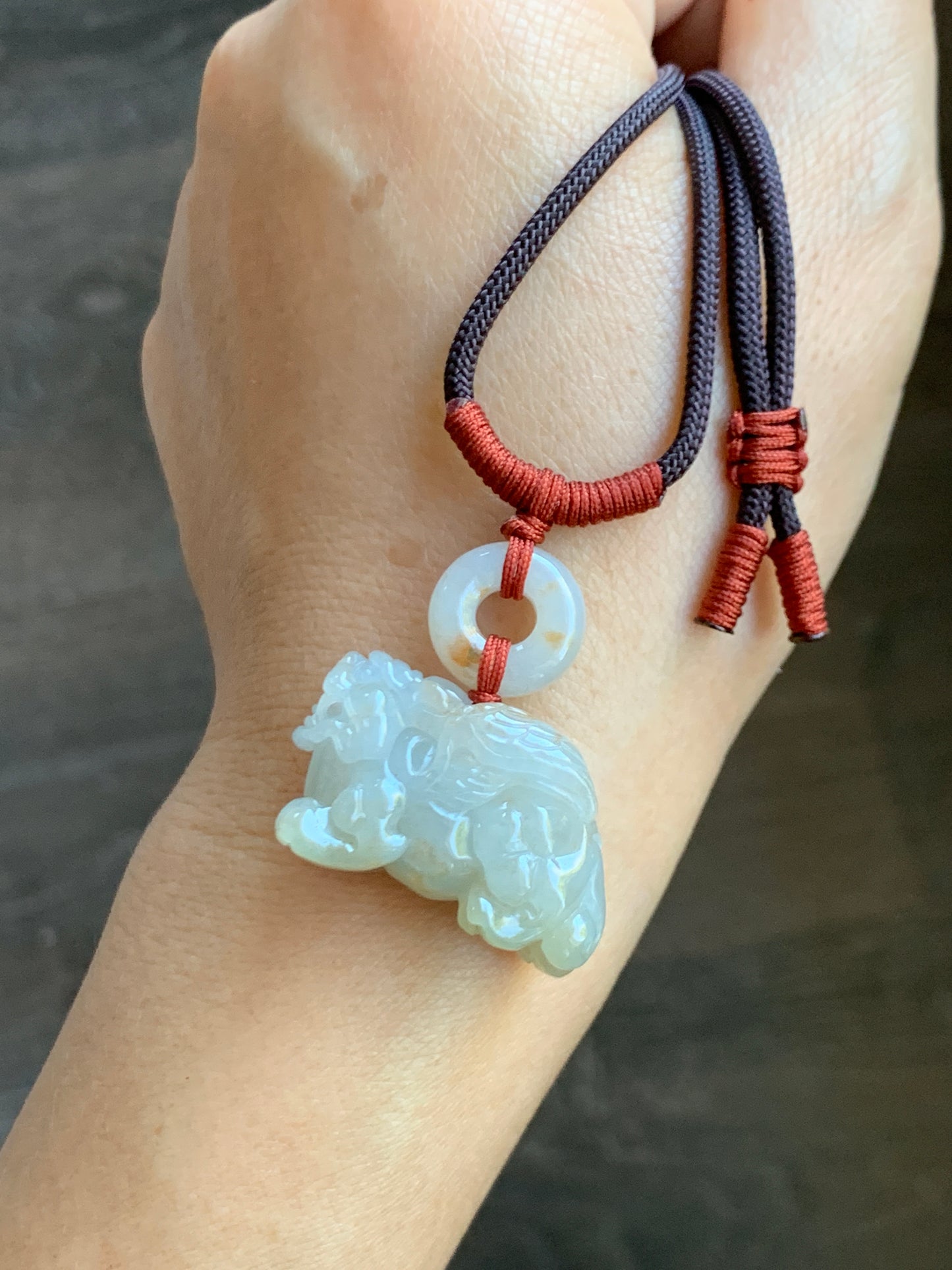 Natural  Icy Translucent Gelatinous Light Beige Jadeite w/ Golden Marbling Flying Pixiu & Donut Pendant Necklace 天然冰糖黄撒金翡翠飞天貔貅平安扣项链