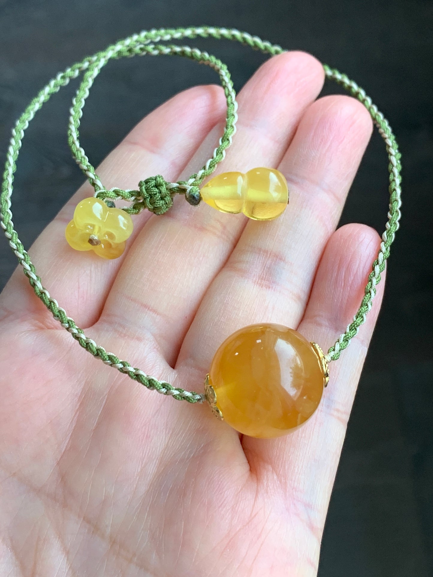 Natural Honeybee Wax Amber Large Sphere Rope Necklace w/ Amber Charms Sterling Silver 17” Adjustable