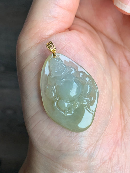Certified  Icy Premium Natural Yellow Jadeite Buddha Pendant 18K Yellow Gold Bail w/ or w/o Chain 正冰起胶天然黄翡精工佛公吊坠18K