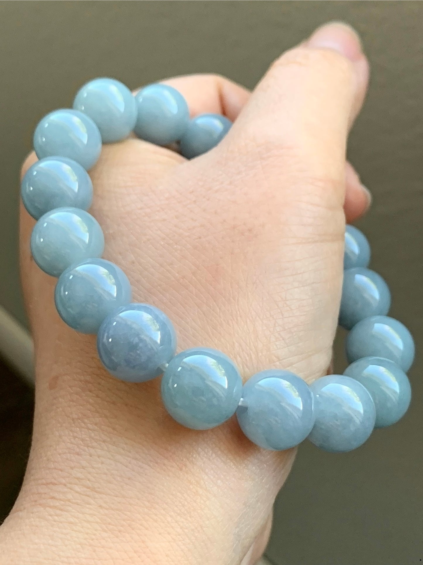Certified Natural Grade A Icy Translucent Dusty Light Blue Jadeite Large Beaded Bracelet 12.3mm 7.75” 54g 7851