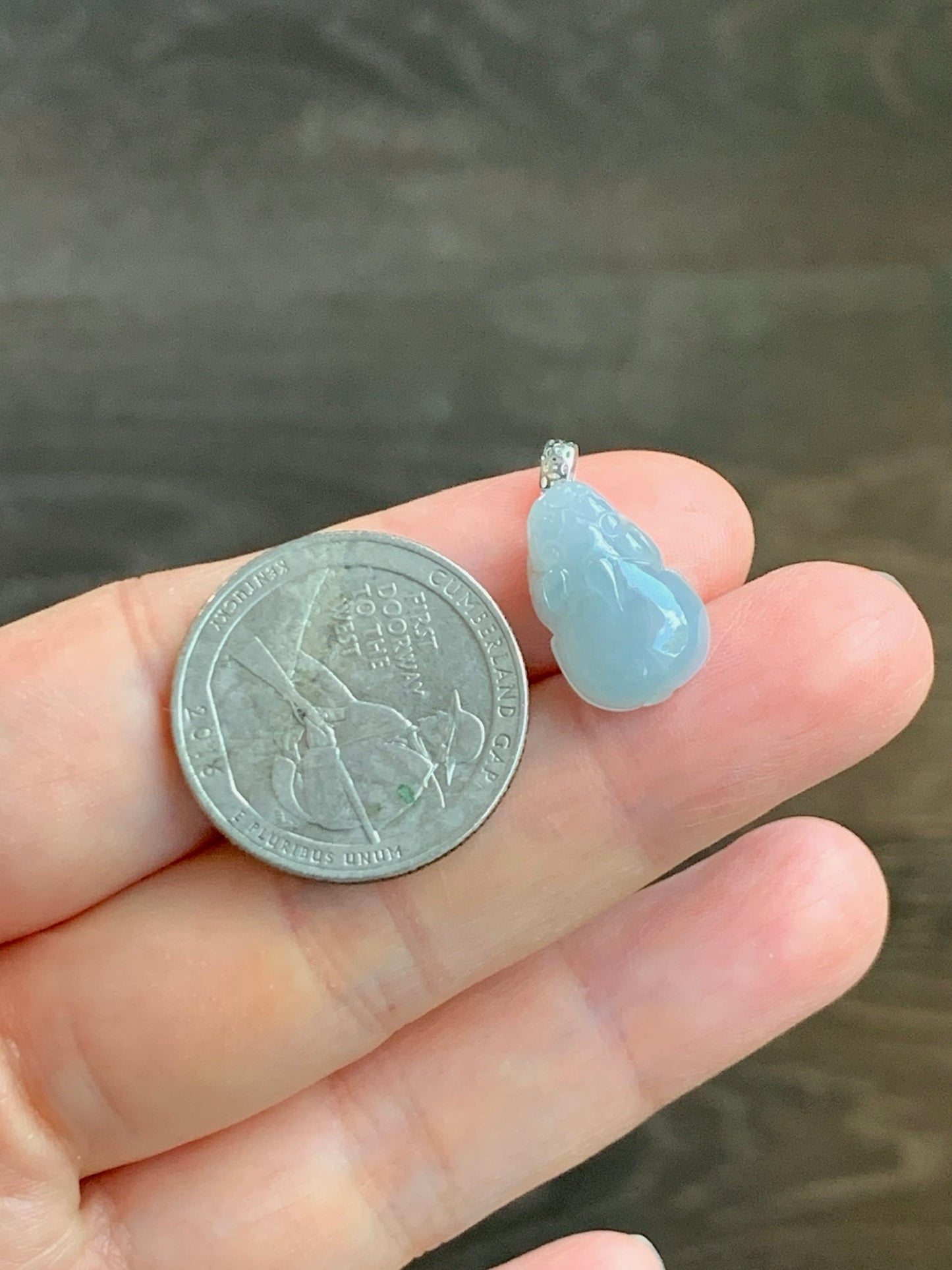 Natural Grade A Icy Translucent Gelatinous Pastel Dusty Blue Jade Jadeite Petite Pixiu Pendant 18K White Gold Bail 天然冰胶淡蓝翡翠貔貅吊坠 MTL250