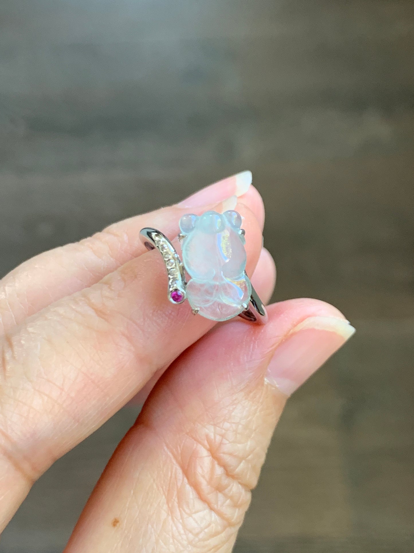 Certified Natural  Transparent White Jadeite Carved Goldfish Diamond & Ruby Ring 18K White Gold sz 7 天然高冰起钢翡翠金鱼钻石红宝镶嵌戒指