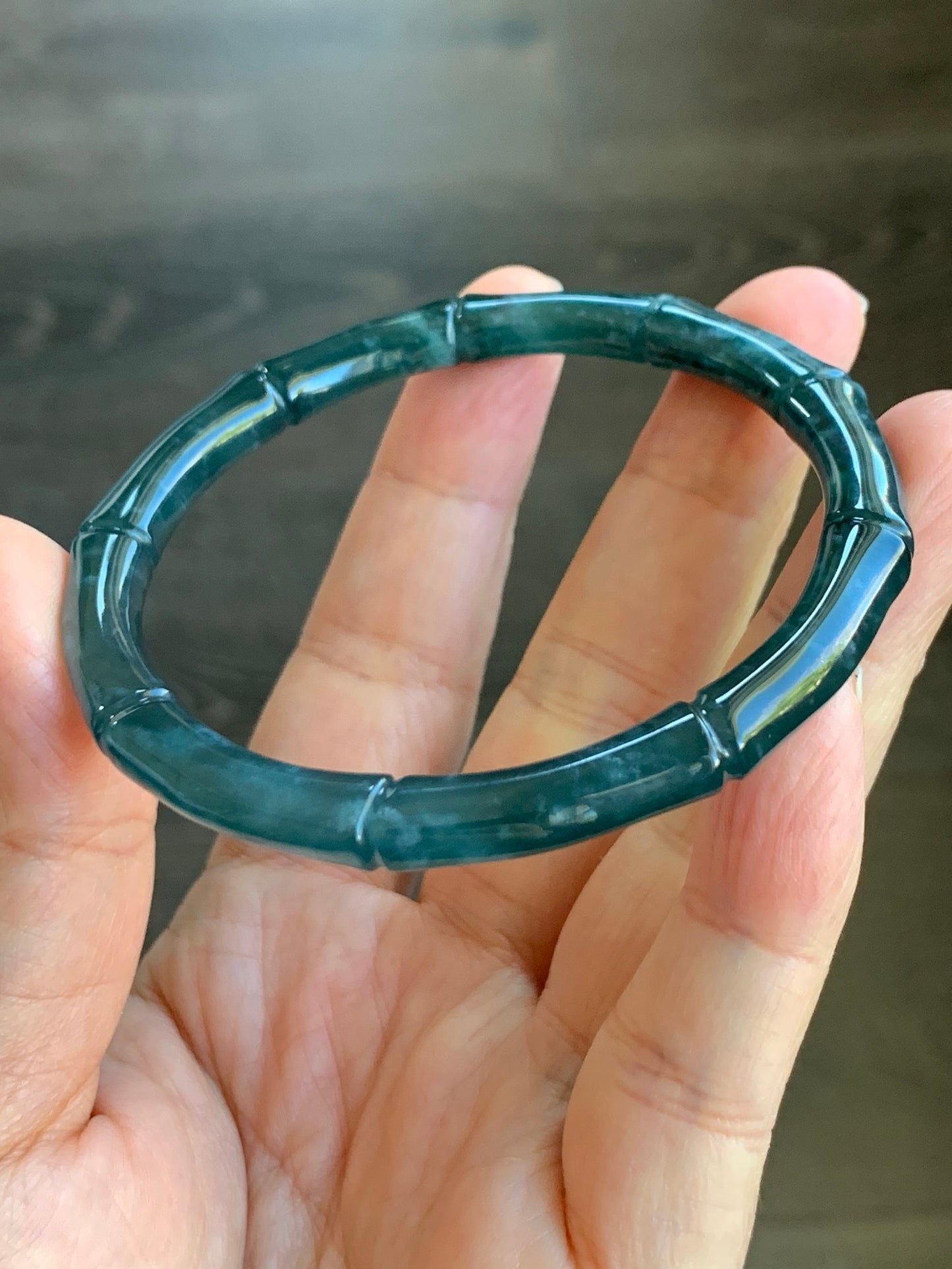 Natural Grade A Icy Translucent Gelatinous Dark Teal Green Jadeite Carved Bamboo Bangle Bracelet 56.7mm 7” 19g 天然冰危深篮绿翡翠竹节手镯 ZJ600-3