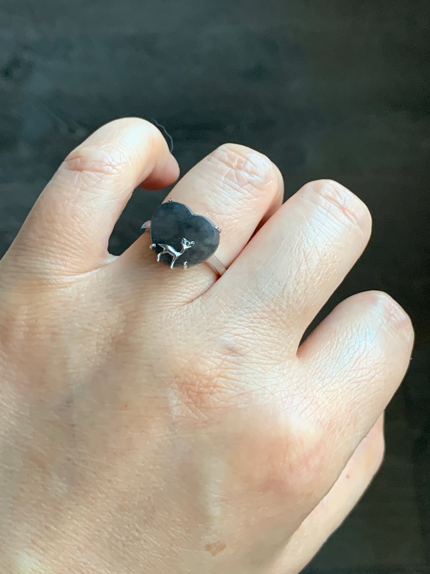 Certified Natural Grade A Premium Icy Translucent Dark Wuji Jadeite Heart Ring w/ Deer Design 18K White Gold Sz 7 3.04g 天然冰乌鸡翡翠爱心小鹿镶嵌戒指 3887