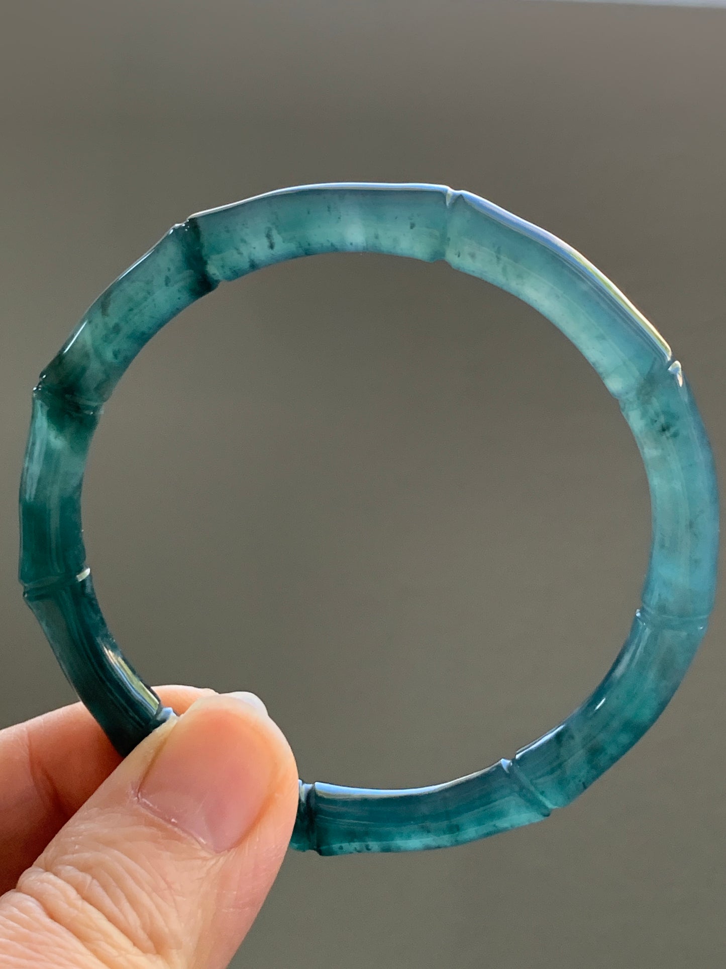 Natural Grade A Icy Translucent Gelatinous Dark Teal Green Jadeite Carved Bamboo Bangle Bracelet 56.7mm 7” 19g 天然冰危深篮绿翡翠竹节手镯 ZJ600-3