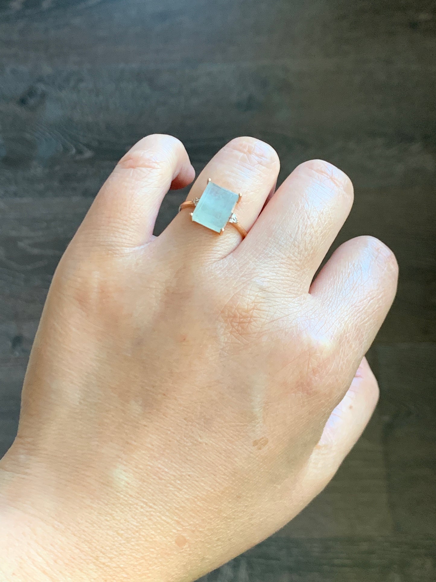 Certified Natural Grade A Icy Highly Translucent Pastel Green Emerald Cut Jadeite Ring 18K Rose Gold Diamonds Size 7 天然正冰晴底雪花棉翡翠切割面钻石镶嵌戒指