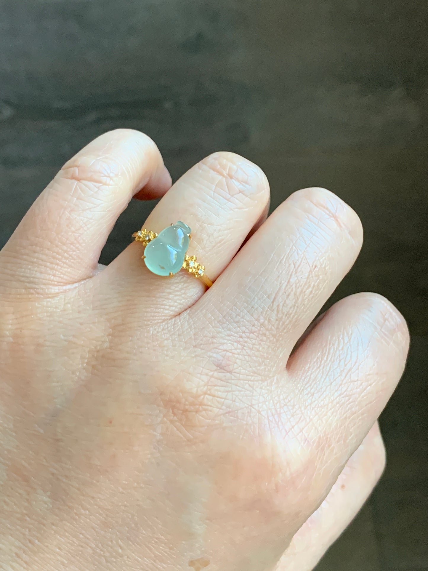 Certified Natural Grade A Premium Icy Translucent Light Green Jadeite Hulu Gourd Ring 18K Yellow Gold Diamonds Size 7 US 天然晴色翡翠葫芦钻石镶嵌戒指 7179